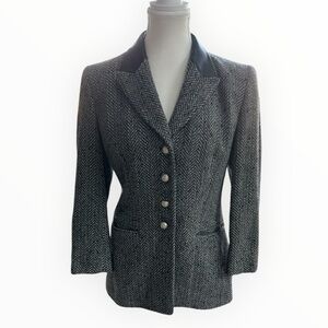 RENA LANGE Vintage Herringbone Wool Leather 3/4 Sleeve Blazer Sz 8 Preppy
